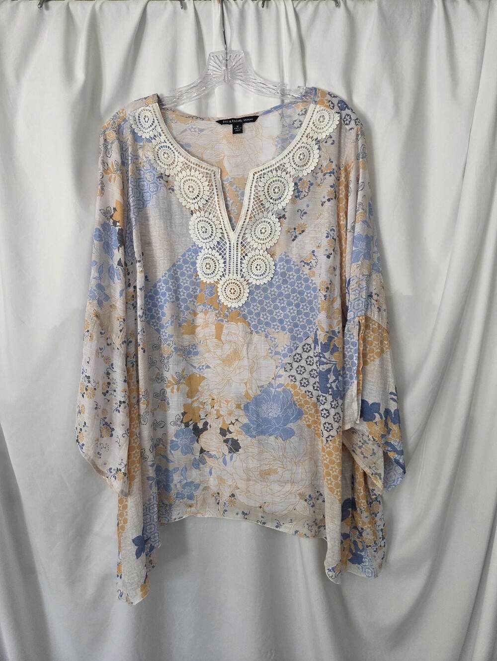 Zac & Rachel Patchwork Floral Tunic with Crochet V-Neck Sheer Blue/Cream Size 1X